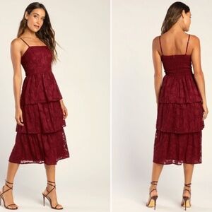 LULUS Prom Wedding Flowy Sexy FLoral Boho Tiered Ruffles Bustier Midi Dress